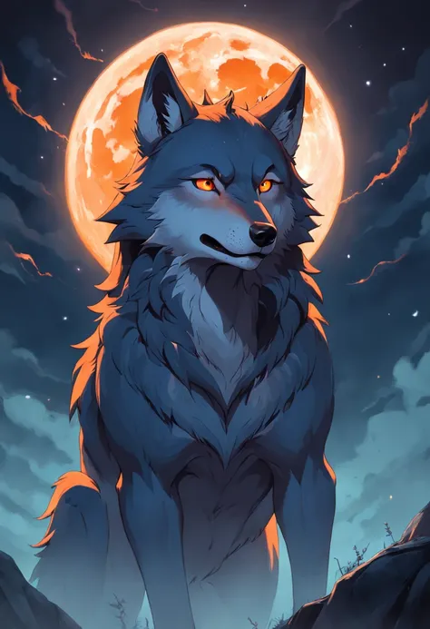 Wolf groaning orange moon，head portrait，ember，beast ear，Handsome