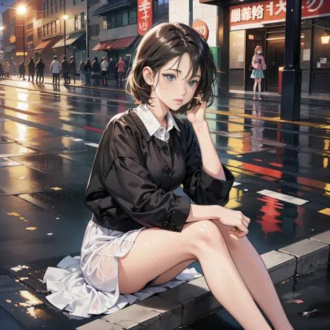 anime girl sitting on a curb in the rain, Smooth anime CG art, style of anime4 K, Realistic anime 3 D style, Guviz-style artwork, Beautiful anime girl, Anime style. 8K, 4K anime wallpaper, attractive anime girls, up of young anime girl, Guviz, anime big br...