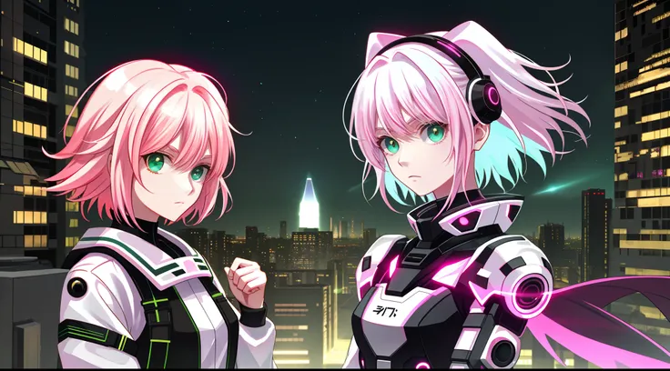 White-pink hair，Short and medium hair，teens girl，green pupills，cyber punk style，City rooftops，Red Moon，Close-up of lighting effects，There was a wind blowing，hair flowing，Touch your right hand to your ear