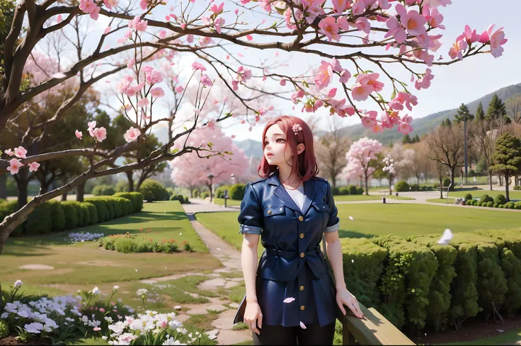 Il y a une femme debout dans un parc avec un banc, debout dans un jardin botanique, inspired by Sawa Sekkyō, Cherry tree in the background, Under the Sakura tree, The non-binary deity of spring, Femme debout dans un champ de fleurs, Inspired by Itō Shinsui...