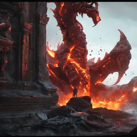 /imagine prompt: Two demons stood at the steps guarding the gates of Hell., Substance Painter, close up, devil, lava glow, aleksi briclot