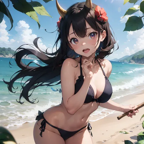 ​masterpiece、SDIZATION、Mascot character、watercolor paiting（1:2）、((2D））、cute horns、Ajin、girl with、Floral bikini with a lot of fabric、Sea in clear skies、Beautiful beach、I am blindfolded with a cloth over both eyes、Watermelon groats、Blind Watermelon Attack、Ho...