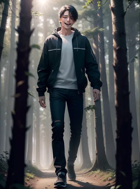 schoolboy，Black sweatshirt，Denim trousers，Black wolf tail hair，Lilac eyes，Laughing in the forest，and the sun was shining brightly，are standing，hands hang down naturally，Full-body image materialization, Masterpiece details, magic lighting, Bokeh effect, Cin...