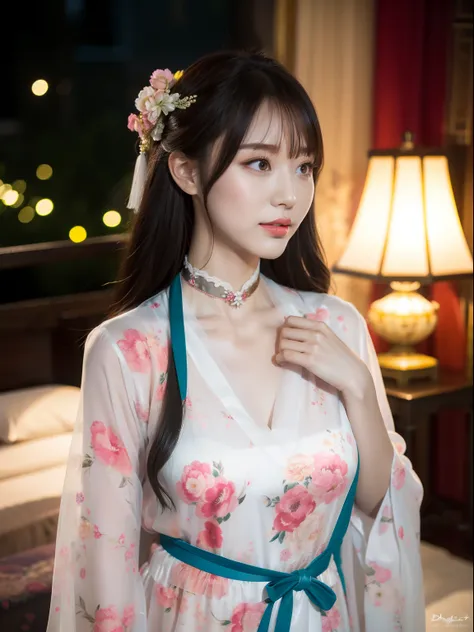 best qualtiy，tmasterpiece，A high resolution，1girll，Girl with long hair and waist，Hanfu nightdress，Floral hanfu nightdress，Hanfu nightdress，Printed tulle nightdress，hair adornments，choker necklace，jewely，beautiful  face，Red high-gloss lipstick，Physically，cr...