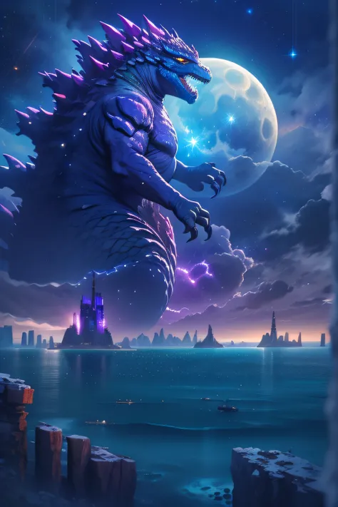 Godzilla , the ocean，The background is a futuristic city, scifi style, blue and violet, brightly, Sky background at night，There are many stars and a moon that splits in two. Ultra photo realsisim