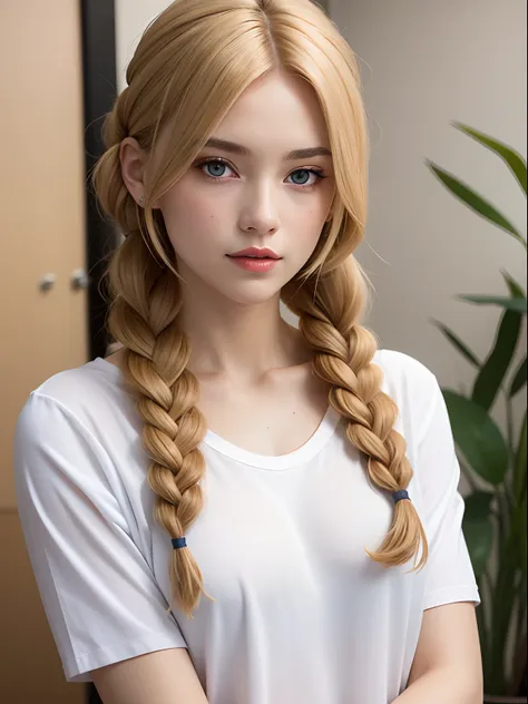 a young woman wearing a white t-shirt, with grey eyes and beige blonde hair styled in two dutch braids. she has a white complexi...