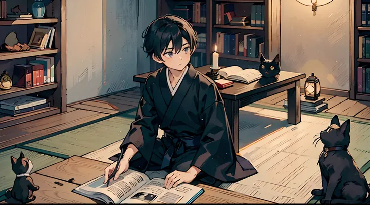 #the beautiful night sky（darkness of night,no light）、
#Boy studying（16 male、Honor Students、A dark-haired、short-hair、hakama）、
#night room（less light,black cat,wooden low table,a candle、Tatami mats、Large amount of books、bookcase）