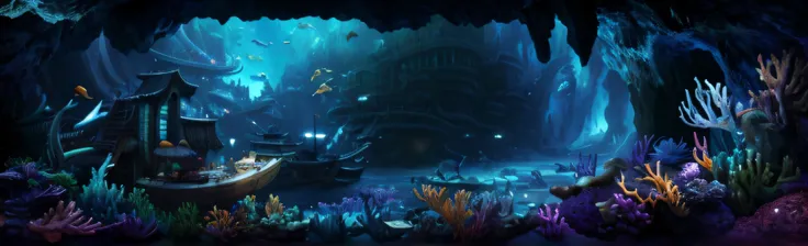 There is a painting of a cave，There is a ship inside, undersea environment, underwater environment, Underwater market, masterpieceunderwater scene, atlantis background, deep sea landscape, an underwater city, background artwork, underwater crystal caverns,...