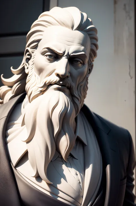 Statue of a Greek philosopher thinker with a large beard dressed in suit and tie, imagem em close-up com foco no rosto, tudo em preto e branco, com fundo preto