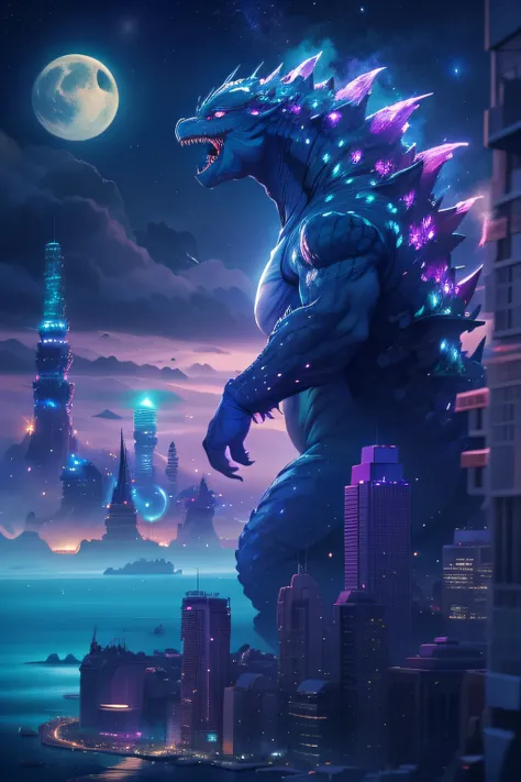 godzilla , the ocean，the background is a futuristic city, scifi style, blue and violet, brightly, sky background at night，there ...