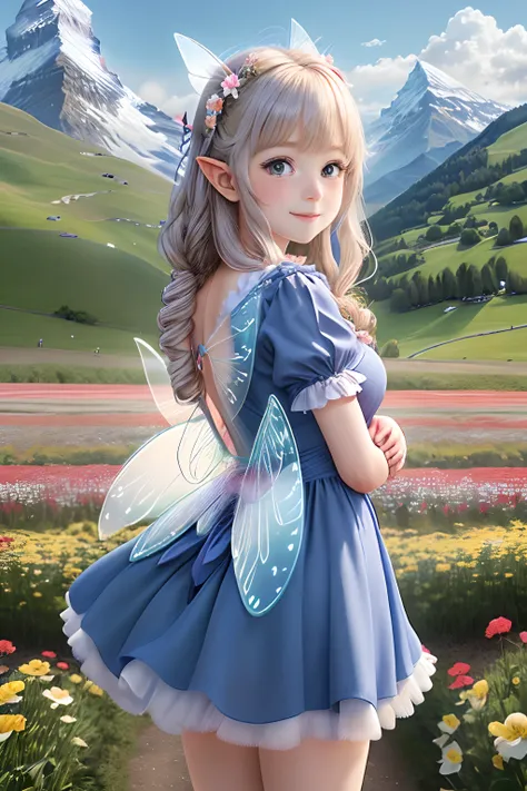 /imagine 2nd anime, 8k, Realistic, intricate detail, (The slope of flower fields near Swiss Matterhorn: 3.0), (From far view), A 18yo beautiful rabbit girl is standing. She has perfect slim body. She wears simple blue dress. She is smiling. (She has large ...