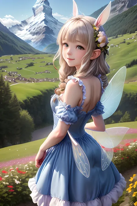 /imagine 2nd anime, 8k, Realistic, intricate detail, (The slope of flower fields near Swiss Matterhorn: 3.0), (From far view), A 18yo beautiful rabbit girl is standing. She has perfect slim body. She wears simple blue dress. She is smiling. (She has large ...