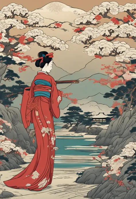 There is a woman in a kimono skirt standing in front of a painting, Inspired by the decorative arts paintings of Hiroshige II Utagawa, Tumblr, Ukiyo-e, in the art style of ukiyo - e, ukiyo-style, Japanese art style, Ukiyo-e - E style, Ukiyo-e style, Floati...