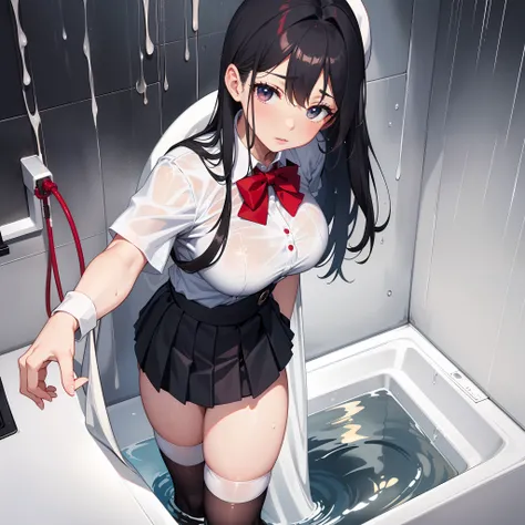 Extra-large big breasts，chiquita，Wearing a small white school uniform，Be red in the face，black lence stockings，Soaked by rain，Get wet，In the bathroom，Change of clothes