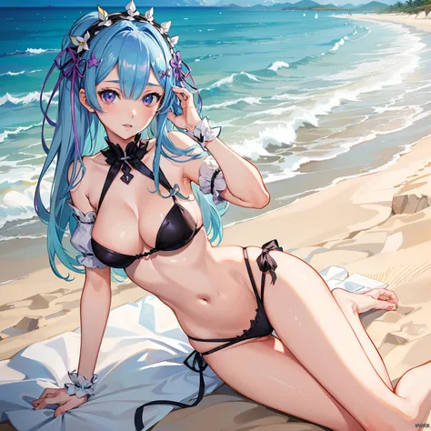 (((beautiful sexy girl))). ((Rem is from the anime Re:Zero)) (8K, RAW photos, HighestQuali, Masterpiece: 1.7). (Realistic, Photorealistic: 1.9). 1 girl. Ultra-detailed iris . Ultra-fine eyes. woman. day. Busty. Wear sexy and bold bikinis. Protruding areola...