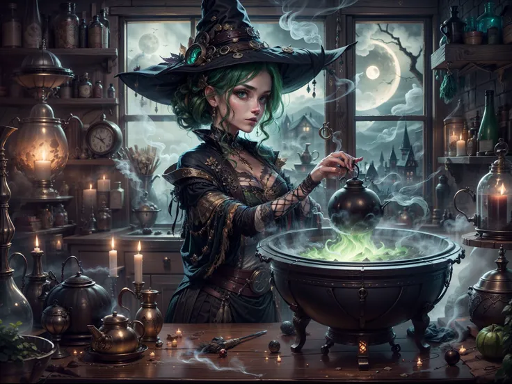 close up, upper body, detailed face and eyes, detailed outfit, hand behind back,a beautiful witch in her alchemist room, working...