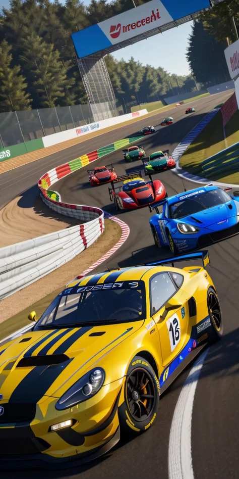 There are many cars racing on the track, CG art, 3840 x 2160, 3840 x 2160, Powers, Game CG, motor sport photography, pc screenshot, a red bearded guy driving a gt3s, ultra realistic”, hyperrealistic”, mid closeup, RTX ray tracing，There are a lot of cars on...