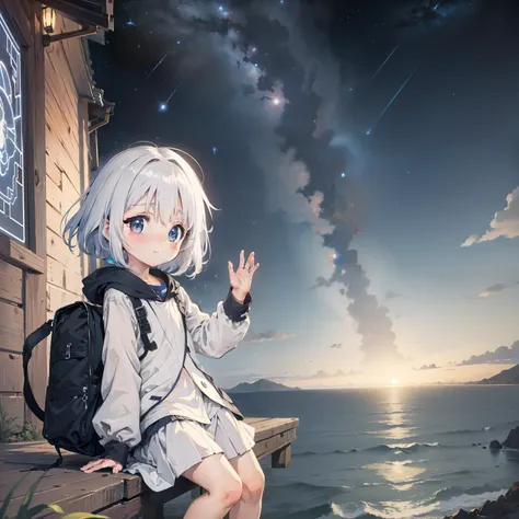 behind earth 1.4，starry sky bright，  little girl drifting in the starry sky of the universe，loli,elementary student， solo, (with...