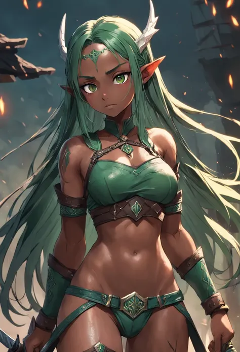 1girll, ((Medium chest)), (seppuku: 1.1), (Perfect body: 1.1), (Long straight hair: 1.2), ((Long green hair braided)), ((Green eyes)), ((The eyes glow green)), full bodyesbian, (dark elves), ((Dark skin):1.4), ((Barbarian costume)), Extremely meticulously ...