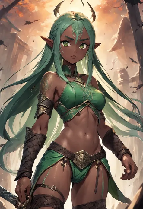 1girll, ((Medium chest)), (seppuku: 1.1), (Perfect body: 1.1), (Long straight hair: 1.2), ((Long green hair braided)), ((Green eyes)), ((The eyes glow green)), full bodyesbian, (dark elves), ((Dark skin):1.4), ((Barbarian costume)), Extremely meticulously ...