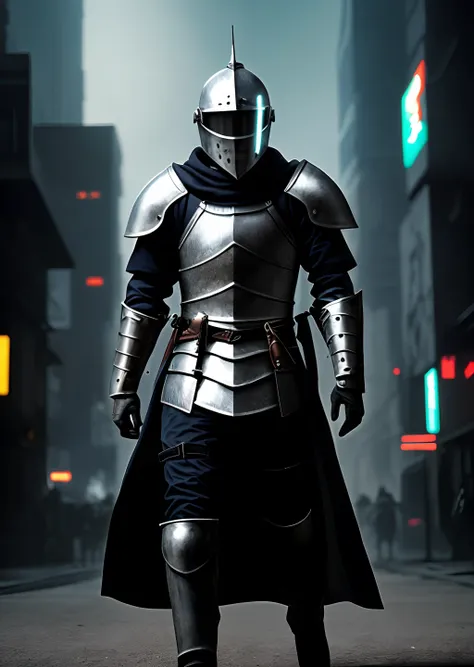 A knight with silver hair and a fencers helmet, in a white medieval trenchcoat, looking menacing. The scene is in a sci-fi cyberpunk city, futuristic and dark moody atmosphere.