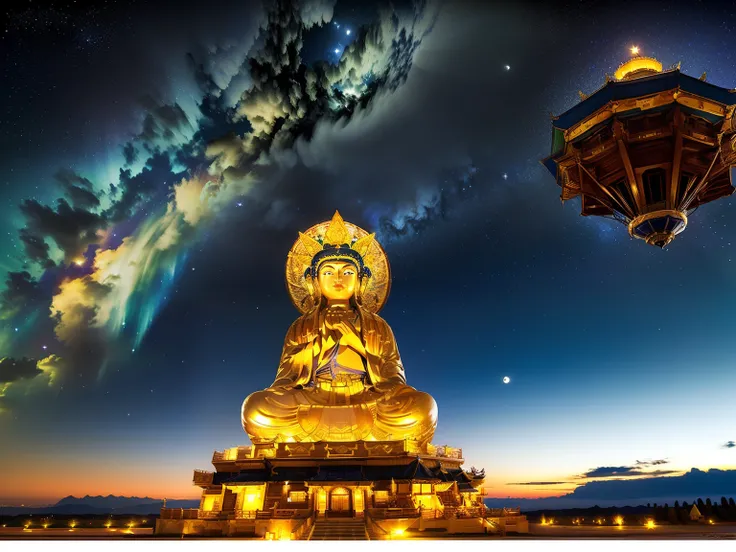 Mila, Maitreya Bodhisattva,Maitreya, a large golden buddha statue sitting in a room with a blue ceiling and a blue sky background with clouds, above_clouds, airship, aurora, bridge, building, castle, chimney, city, city_lights, cityscape, clock, clock_towe...