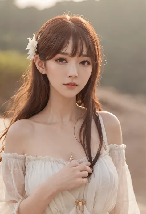 super-fine,Physical rendering,choker necklace,耳Nipple Ring,Air bangs,hair adornments,the setting sun,鎖骨,Wristbands,nabel,long whitr hair,Brown hair,ahoge,1girll,Medium breasts are huge,sandbeach,wavey hair,thinness