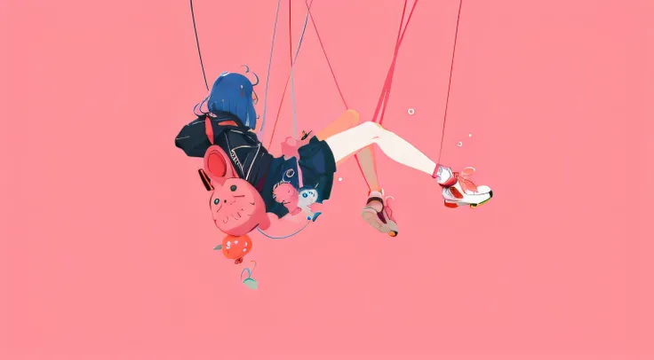 Anime girl swaying on rope on pink background, Sachin Teng, in the style of sachin teng, in style of laurie greasley, Inspired by:《Unknown crew》, laurie greasley and james jean, A beautiful artwork illustration, jen bartel, 2D illustration, 2 d illustratio...