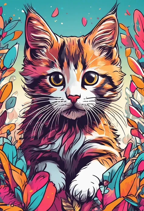 Close up of running kitten on colorful background, Digital Kitten, highly detailed Vector art, jen bartel, Impressive art style, Vector Art Style, adobe illustrator art, art of alessandro pautasso, HD Vector Art, horse, Multicolor vector art, full color il...