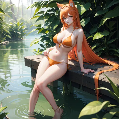 a gorgeous girl with orange hair wearing some form of gold bikini standing in a jungle, feet in the lake, feet in the water, 1girl, long hair, solo, nature, animal ears, very long hair, forest, orange hair, navel, cleavage