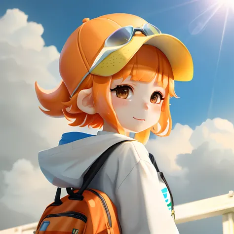 Splatoon、Sun visor、Pattsun bangs、girl with、kawaii、Orange hair、Open chest、an legs、skirt by the