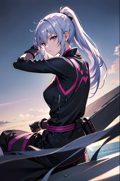 a teenager, female, (japanese ninja), (solo), ((looks back)), beautiful, (ninja grab), on the top of cliff, a sliver moon, gradient eyes, mask on head, gradient hair, silver hair, purple hair, ponytail, anime style, cinematic lighting, ray tracing, reflect...