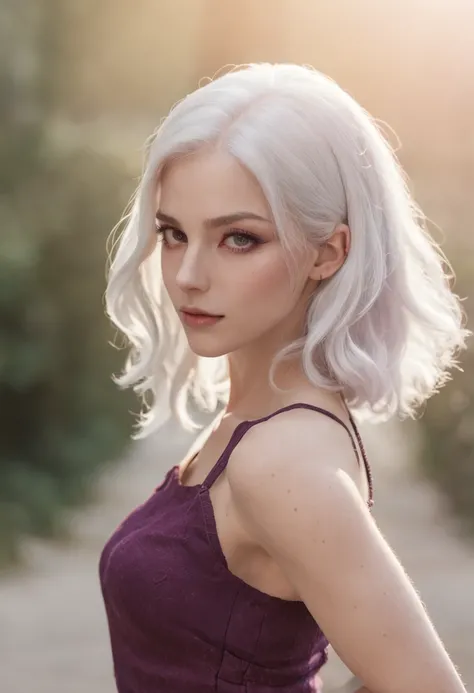 realistic, 1girl, white hair, purple eyes, glowing eyes, crop top, skirt, parted lips, blush, night, flowers, sun, sunlight,