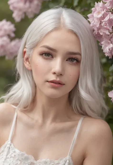 realistic, 1girl, white hair, purple eyes, glowing eyes, crop top, skirt, parted lips, blush, night, flowers, sun, sunlight,