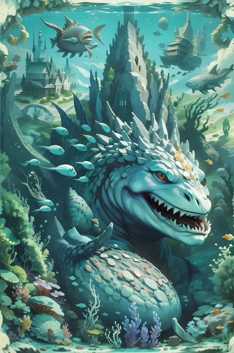 godzilla under the sea , underwater world，undersea castle，deformed sea creatures，sunken ships，scifi style, blue and violet, ultr...