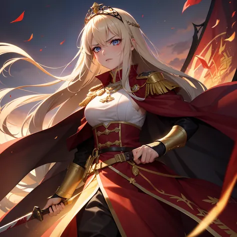 Under the poisonous autumn sun，The female general is dressed in military uniform，Excalibur in his hand。It was originally golden armor，Shining with golden light。The brunette is tied with a crystal crown on the top of the head，She was killed in a sea of bloo...