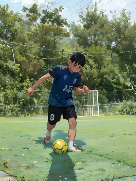 raw, 8k, masterpiece, complex background, best quality, best quality, super detailed, illustration, (1 little boy: 1.2), train, black eyes, black hair, white short sleeves, blue shorts, white socks, round face, Chinese, full body