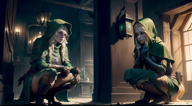 duo: Elven female ( Golden hair, Green eyes )Squatting ( commotion: 1,3 ) , Elven female( Golden hair, Cyan eyes ) Squatting, Scary atmosphere (( In a house from Skyrim, Stealing things)) (Adding symbols, Theft from the chest) ( Wear magical cloaks with a ...