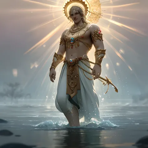 Lord Vishnu walking on water in a storm, masterpiece, best quality, high quality, extremely detailed CG unit 8k wallpaper, award winning photography, Bokeh, Depth of Field, HDR, bloom, Chromatic aberration, photorealistic, extremely detailed, trending on a...