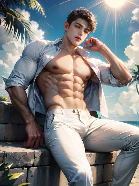 (absurderes, A high resolution, Ultra detailed, hdr), Masterpiece, Best quality, Portrait of a boy, Handsome boy with red eyes, Detailed face, Professional photo, The Arafed man went into battle shirtless, Comfortable inclination，legs are open, (puffynippl...