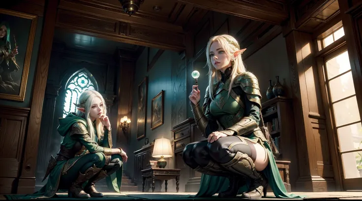 duo: Elven female ( Golden hair, Green eyes )Squatting ( concerned: 1,3 ) , Elven female( Golden hair, Cyan eyes ) Squatting, vibe (( In a house from Skyrim, stealing things)) (Add Characters stealing from the nightstand) ( Firefly: 1,2) ( Wear magical clo...