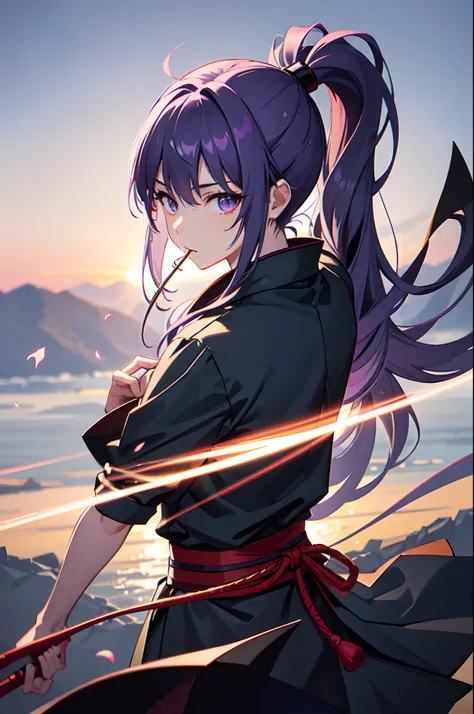 a teenager, female, (japanese ninja), (solo), ((looks back)), beautiful, ninja grab, on the top of cliff, a sliver moon, flowers blowing, mouth hold, gradient eyes, mask on head, gradient hair, silver hair, purple hair, ponytail, anime style, cinematic lig...