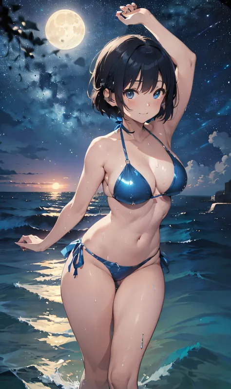 (Master masterpiece、The ultra -The high-definition、extremely fine and beautiful、Ultra-high power of 8 kilometers:2)、(Girl getting wet:1.4)、(looking at another:2)、(Clarity Metallic Blue Bikini:2)、(Transparent skin:1.6)、(short tail hair:1.8)、(Beautiful eyes:...