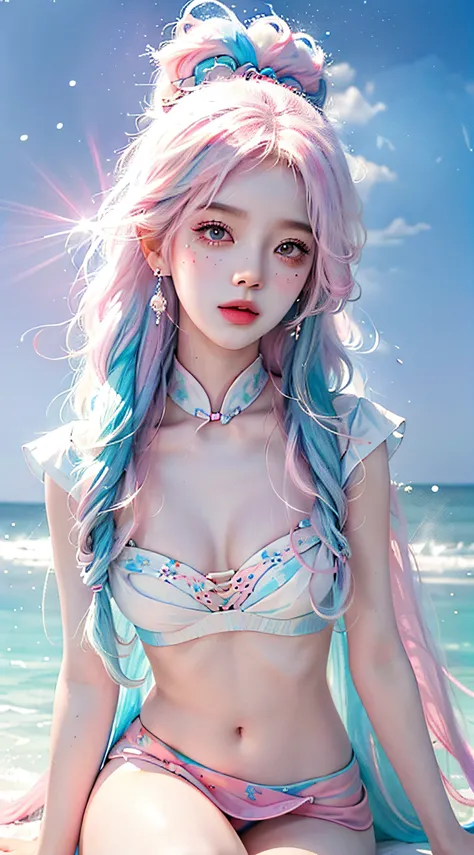 （tmasterpiece、best qualtiy、A high resolution），white backgrounid，Acrylic paints，（（splash of color，Splash ink、Color splattering）），Sweet Chinese girl，light blue long hair，[light blues|Pink big breasts]the hair，curlies，glitters，Pink lips，White color blouse，fro...