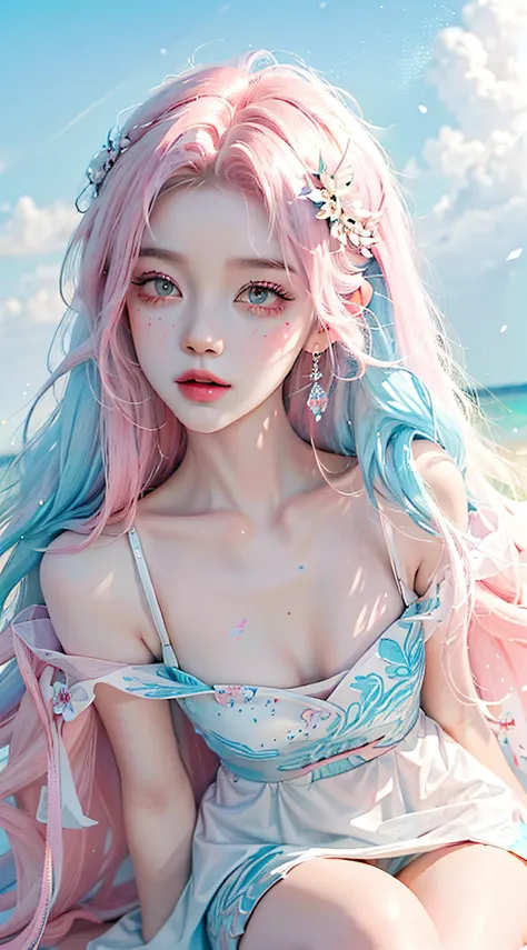 （tmasterpiece、best qualtiy、A high resolution），white backgrounid，Acrylic paints，（（splash of color，Splash ink、Color splattering）），Sweet Chinese girl，light blue long hair，[light blues|Pink big breasts]the hair，curlies，glitters，Pink lips，White color blouse，fro...