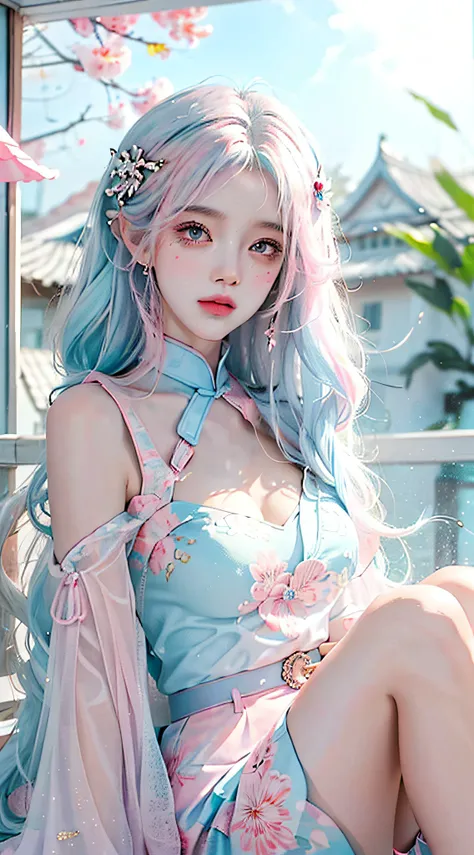 （tmasterpiece、best qualtiy、A high resolution），white backgrounid，Acrylic paints，（（splash of color，Splash ink、Color splattering）），Sweet Chinese girl，light blue long hair，[light blues|Pink big breasts]the hair，curlies，glitters，Pink lips，White color blouse，fro...