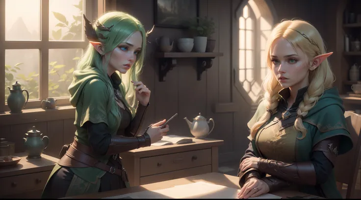 duo: Elven female ( Golden hair, Green eyes )Squatting ( concerned: 1,3 ) , Elven female( Golden hair, Cyan eyes ) Squatting, vibe (( In a house from Skyrim, Stealing things)) (Add characters, stealing from the bedside table) ( Firefly: 1,2) ( Wear magical...