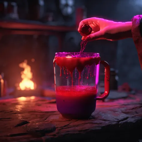 Someone holding cup of red liquid in front of hell, brew potion in witch hut, purple liquid in glowing cup, ultra realistic 8k octane photo, 8k unreal engine rendered, make Up with Unreal Engine 5, Rendered in Unreal Engine 5, Cryengine rendered 8 k, Dark ...