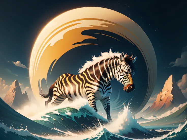 tmasterpiece，High Picture Quality, Dynamic cartoon style, Inspired by the Classic of Mountains and Seas，Chinese mythology and stories, Beast image, high saturated, Yellow zebra pattern, White head, Red tail。