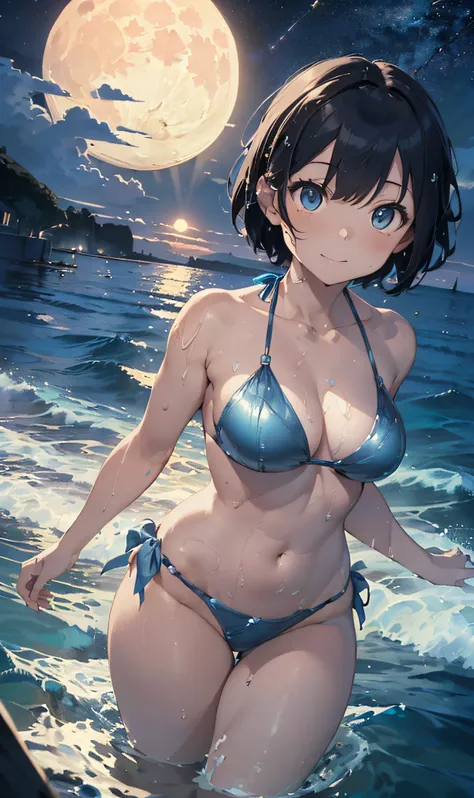 (Master masterpiece、The ultra -The high-definition、extremely fine and beautiful、Ultra-high power of 8 kilometers:2)、(Girl getting wet:1.4)、(looking at another:2)、(Clarity Metallic Blue Bikini:2)、(Transparent skin:1.6)、(short tail hair:1.8)、(Beautiful eyes:...